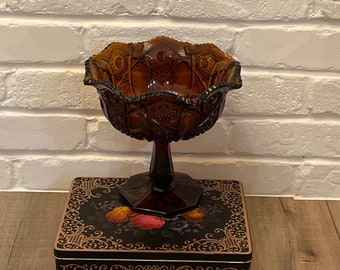 Vintage brown amber glass compote dish, pedestal cut glass candy dish, 7.25” large candy bowl, boho compote bowl, MCM amber glass bowl