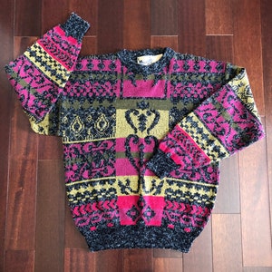80s 90s mens patterned sweater, Bonjour International sweater, boyfriend sweater, vintage Dad sweater, streetwear hipster sweater, L
