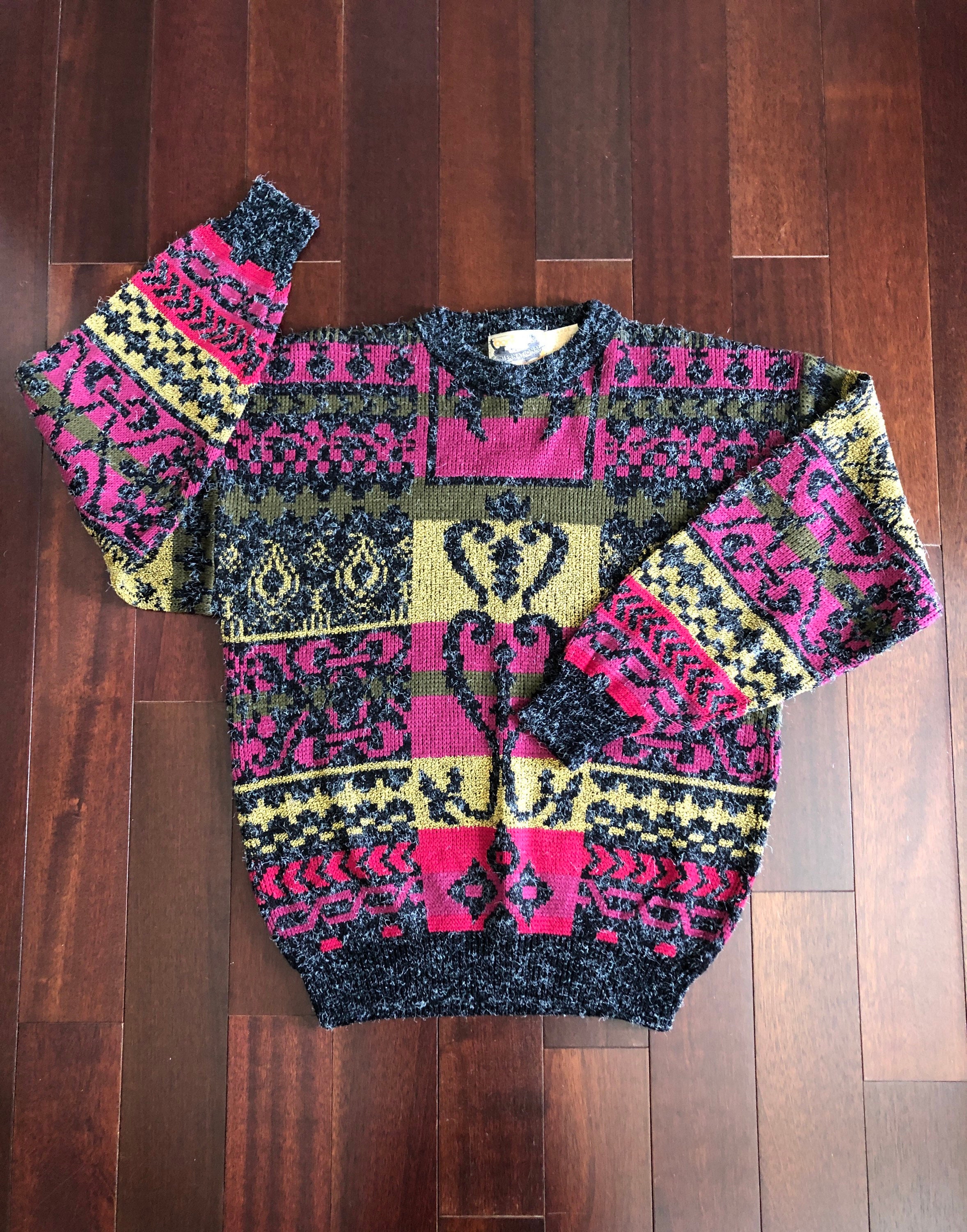 80s 90s Mens Patterned Sweater, Bonjour International