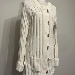 70s 80s long cream cardigan, Tristar acrylic cardigan, ivory toggle cardigan, bohemian sweater, fisherman  cardigan, fisherman core, size M