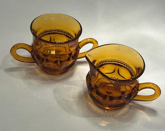 Juego de azucarero y lechera Vintage Amber Kings Crown con huella dactilar, Indiana Glass Amber