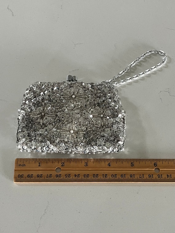 Vintage silver beaded coin purse, Hong Kong beade… - image 1