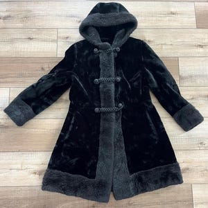 70s Black Faux Fur Hooded Coat, Aleutian Style Toggle Closure, Boho Vintage Size Small