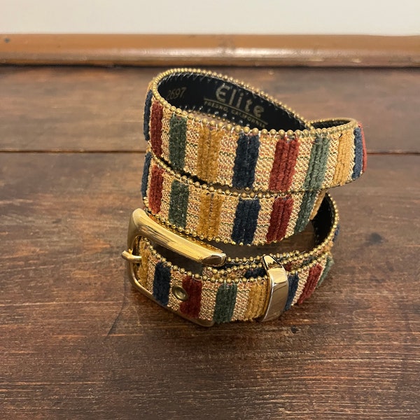 90s Elite multi-colored belt, Elite Fresno, CA belt, tapestry belt, jewel tones striped belt, vintage colorful belt, thin belt, boho belt L