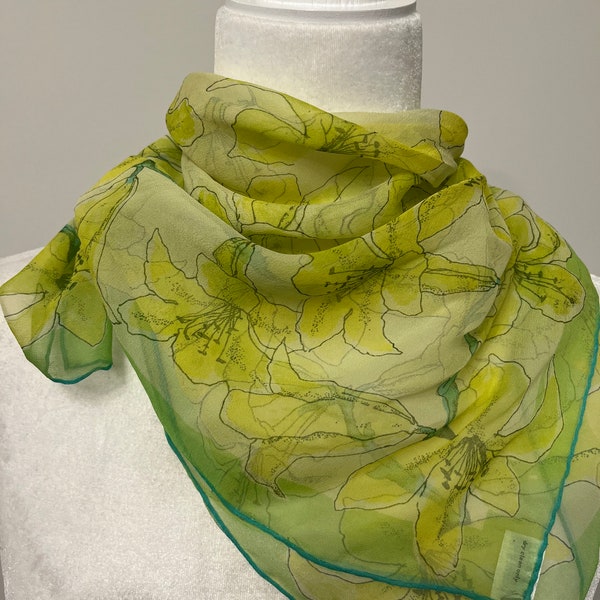 60s Vera floral scarf, verasheer silk vinal scarf, vintage Vera Neumann scarf, boho head scarf, MCM chartreuse & yellow floral neck scarf