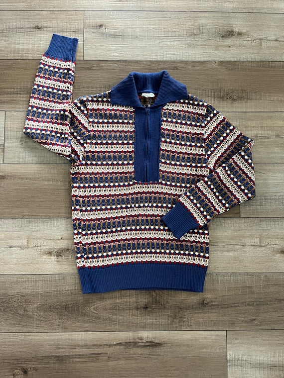 70s 80s men’s patterned sweater, collared sweater,