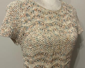 80s Cross Country Knits short sleeve sweater, rainbow flecked sweater, cotton sweater, size S