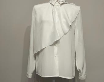 90s white blouse, IB Diffusion white blouse, white overlay collared blouse, polyester ruffled blouse, vintage blouse, secretary blouse, sz 8