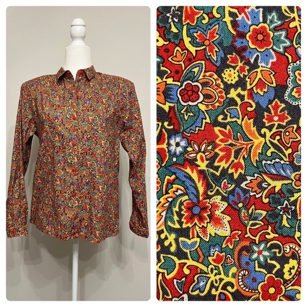 80s Gloria Vanderbilt floral shirt, vintage floral blouse, 80s 90s bright flowered blouse, ladies patterned shirt, 80s shoulder pads shirt M