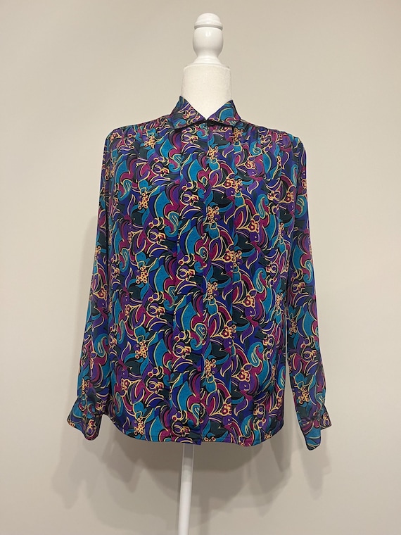 80s 90s Impressions floral blouse, vintage patterned blouse, shoulder pads blouse, ladies office wear, polyester print blouse, size 8