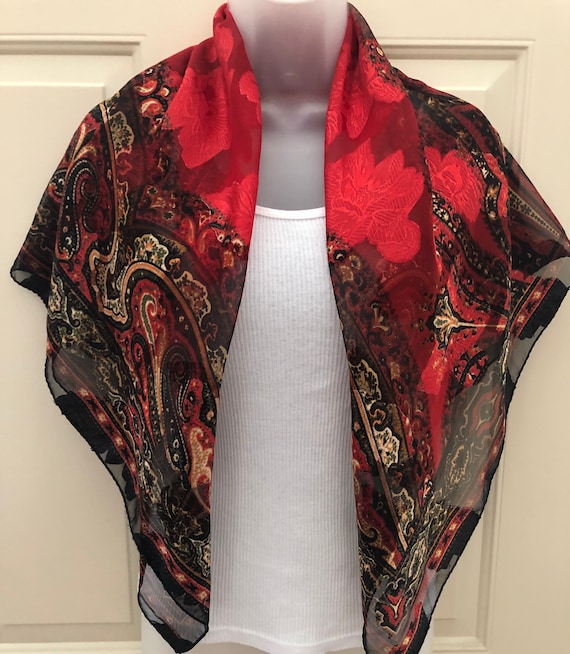 NOS vintage Liz Claiborne shawl scarf, red & blac… - image 7