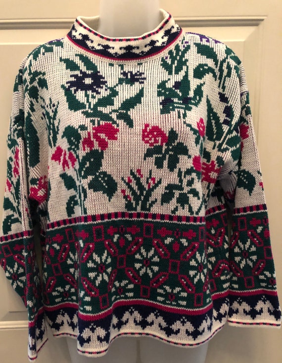 80s Gitano floral sweater, mock neck floral snowf… - image 1