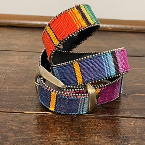 80s 90s Casual Corner rainbow belt, striped tapestry fabric belt, embellished belt, vintage bright colored belt, boho belt, colorful belt, M