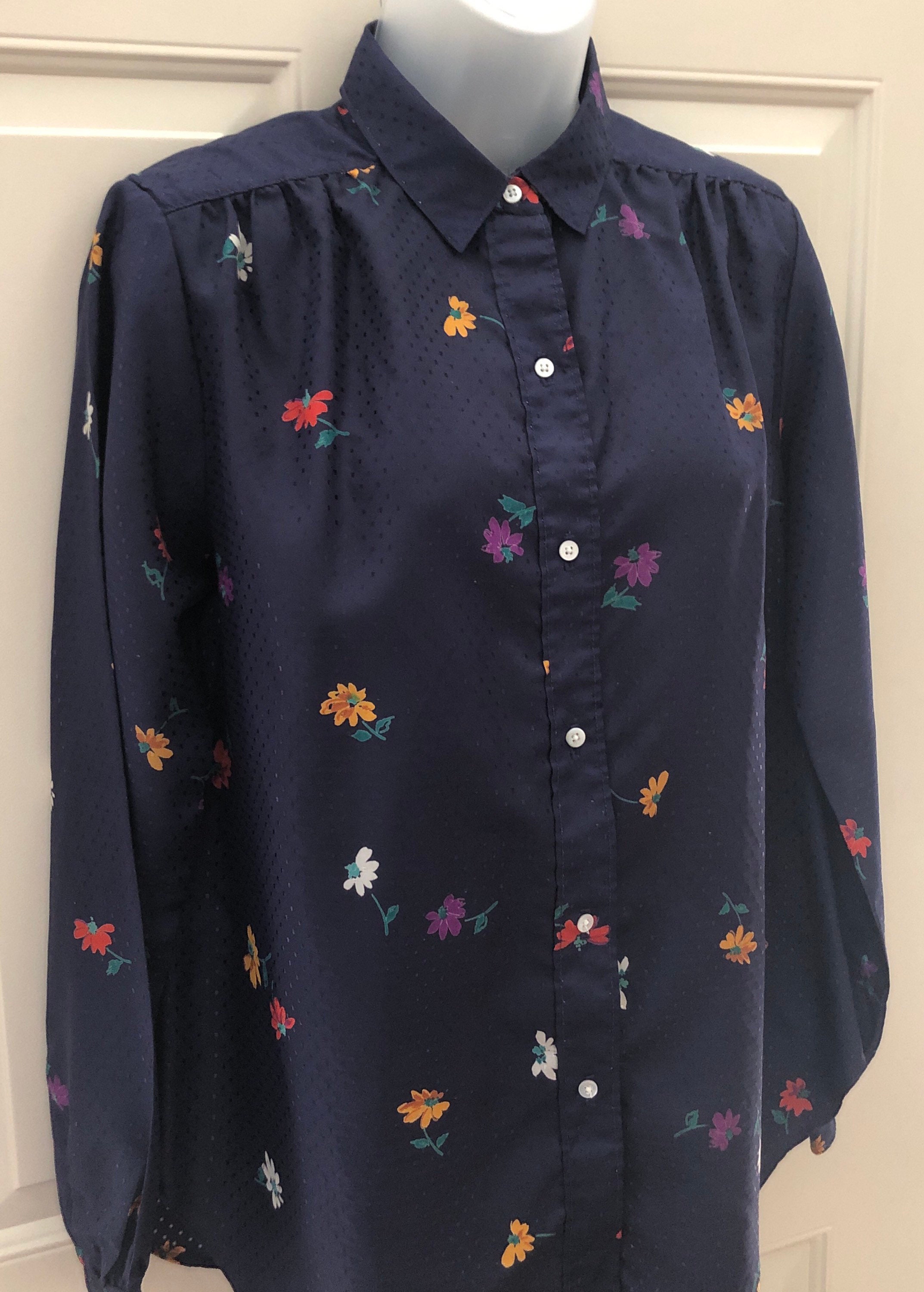 70s 80s Evan Picone Blouse Navy Blue Flowered Polyester - Etsy Singapore