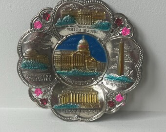 Vintage Washington DC trinket dish, metal souvenir dish, Washington DC souvenir bowl, 5.5” metal dish, raised metal bowl, colorful ring dish