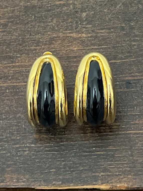 Vintage St. John clip-on earrings, black enamel a… - image 1