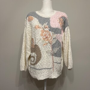 80s Margules Plus sweater, embellished sweater, 80s nubby pastel sweater, floral  appliqué sweater, Golden Girls sweater, plus size 42