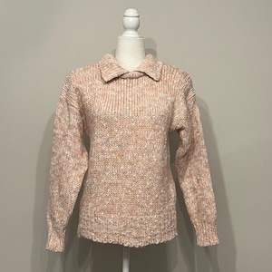 80s Illustrations pink flecked sweater, acrylic wool collared sweater, light pink peach chunky knit sweater, shoulder pads sweater, S
