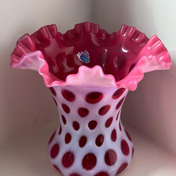 Vintage Fenton Cranberry Coin Dot Vase - MCM Opalescent Ruffled Vase - Large 8” vase