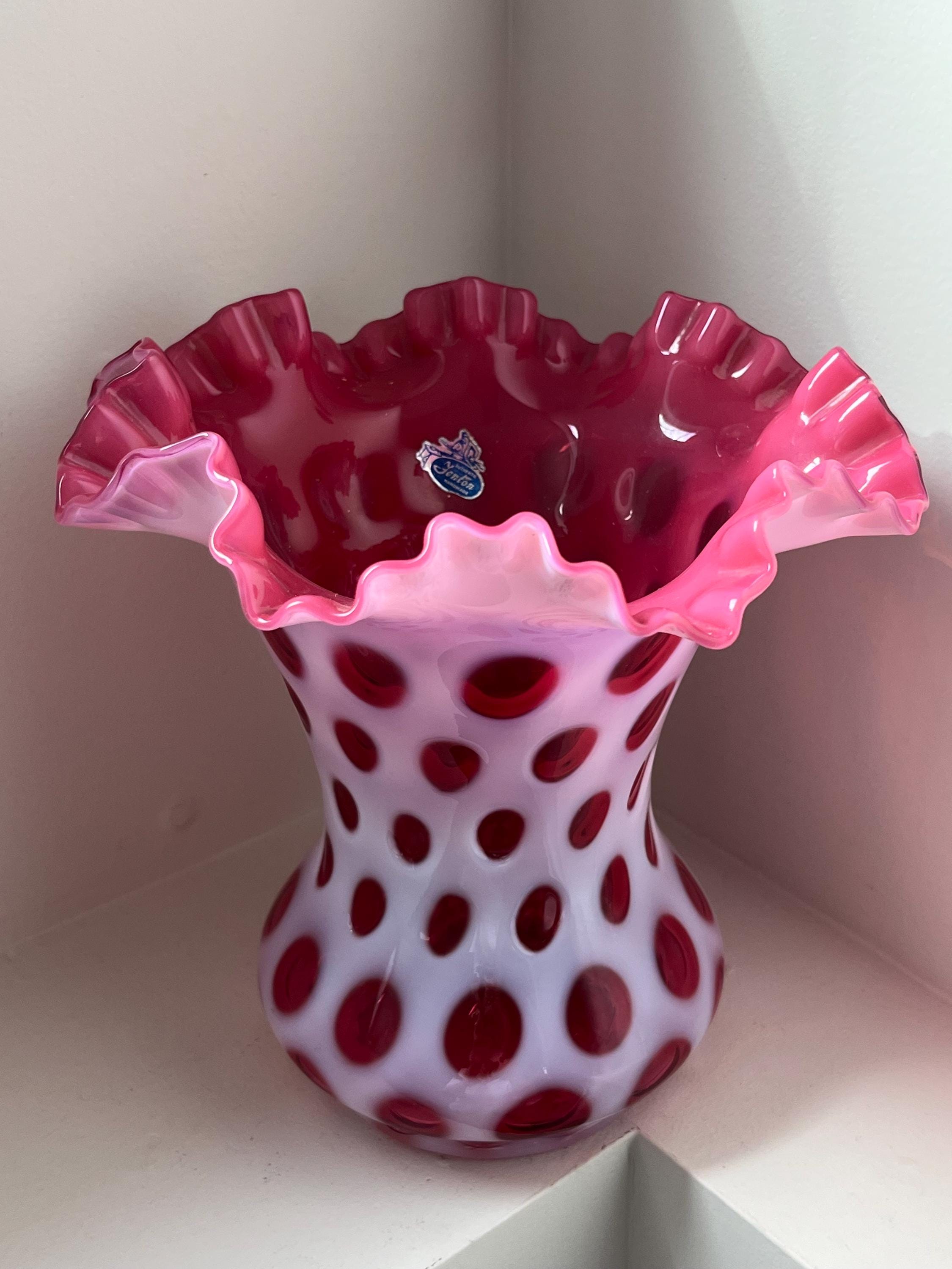 Vintage Fenton Cranberry Coin Dot Vase - MCM Opalescent Ruffled