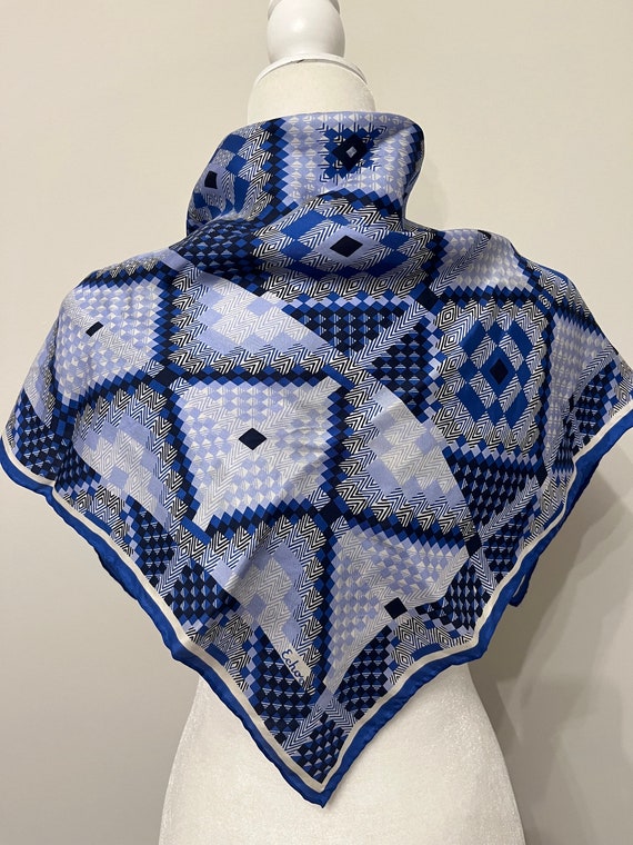 Vintage Echo blue silk geometric scarf, mod silk s