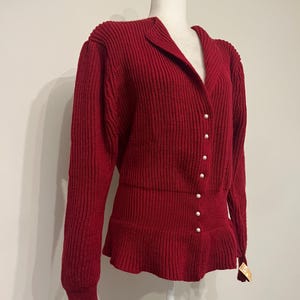70s 80s burgundy ruffle cardigan, NOS Mister Noah cardigan, puff sleeve cardigan, vintage Gold Circle sweater, size 42 (Large)