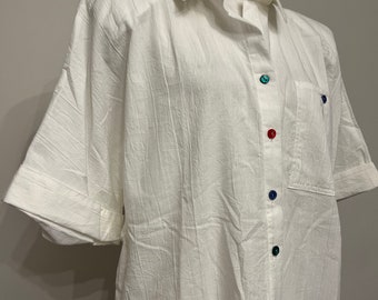 80s crinkled white blouse, Tapestry blouse, oversized white blouse, shoulder padded summer shirt, poly cotton short sleeve white blouse, L