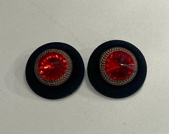 Vintage black velvet and red button clip earrings, red faux jewel earrings, Gothic Romance earrings, round earrings, vintage clip on earring