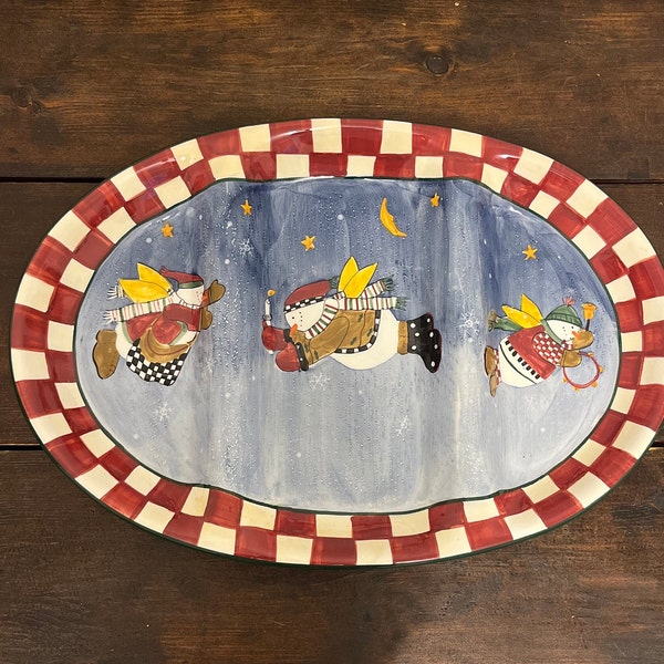 Snow Angel Village divided serving platter, vintage Sakura Debbie Mumm oval platter, winter shallow serving dish, 17” snowmen platter