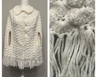 60s 70s cream hand-crochet cape, cream cape, ivory handknit cape, cream poncho, boho cape, knit cape, cream fringe cape, wedding cape