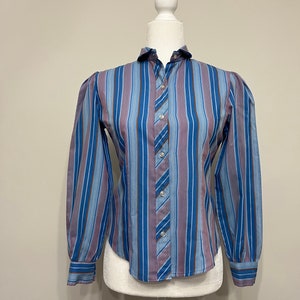 70s striped blouse, Step Up blouse, blue & pink striped blouse, boho blouse, 70s blouse, 70s shirt, puffy sleeves shirt, mod blouse, size 7
