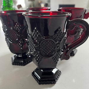 4 Cape Cod Ruby mugs by Avon, Avon red pedestal mugs, red Avon mugs, 80s red glass mugs, Avon Ruby Red mugs, gothic romance mugs, 5” mugs