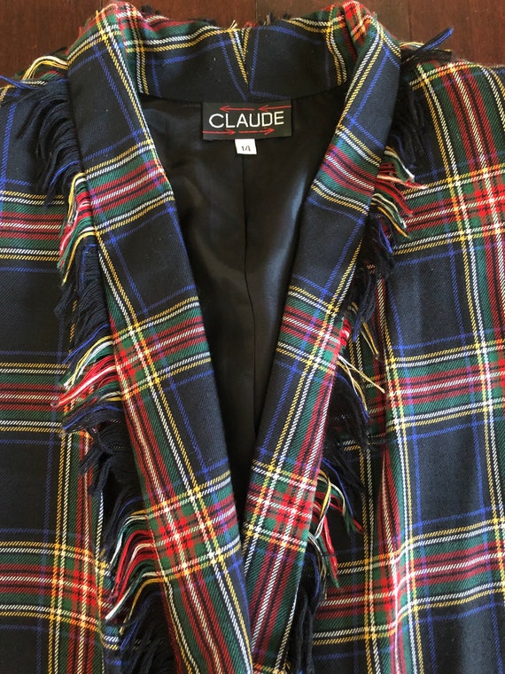 90s Claude oversized plaid blazer, fringe collar … - image 4