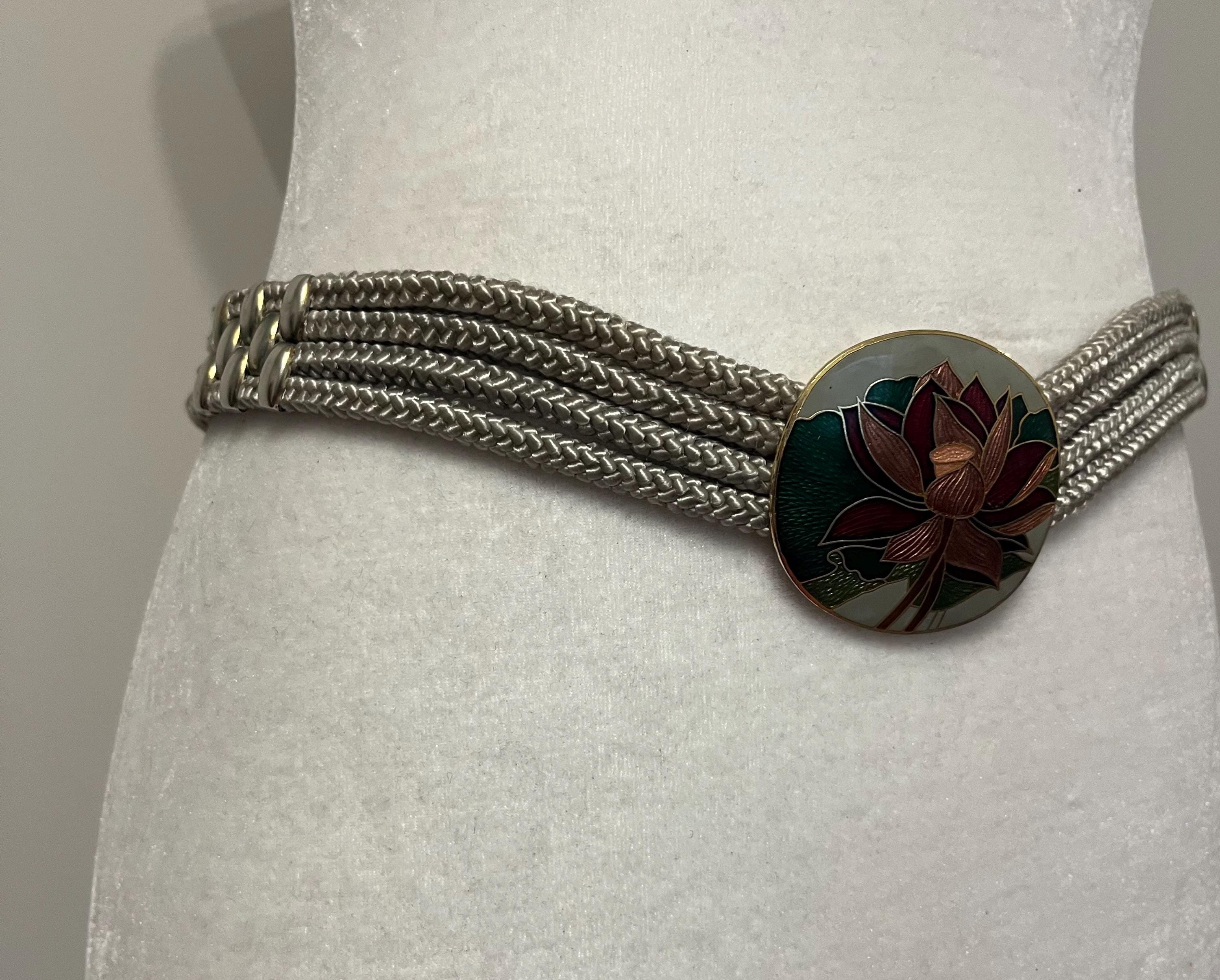 80s Yen China House Rope Belt W Floral Buckle, Gray Floral  display picture 1