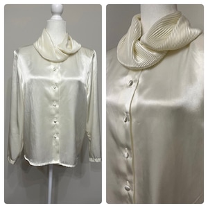 80s 90s cream Gantos blouse, silky polyester blouse, vintage cream blouse, cowl neck blouse, dressy blouse, ivory secretary blouse, size 6