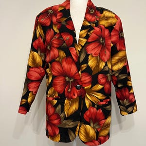 80s 90s Gregge Sport floral blazer, oversized summer blazer, red & black floral blazer, menswear style blazer, polyester blazer, Size  12