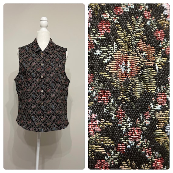 90s floral stretch polyester vest, tapestry style 