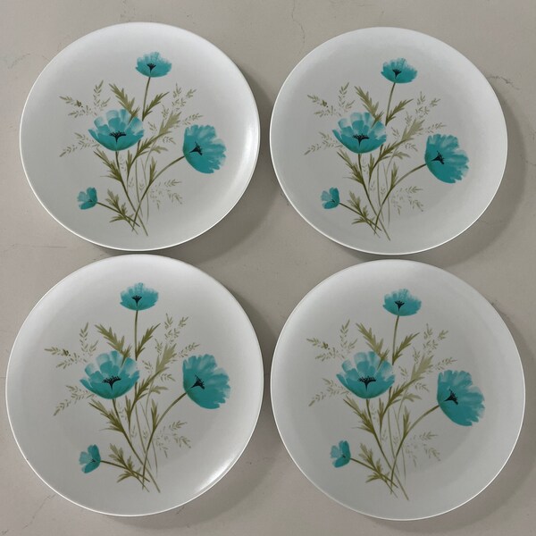 4 Park Avenue Melmac dinner plates, Aqua blue floral Melmac plates, vintage melamine plates, MCM plastic dinner plates 50s 60s Melmac plates