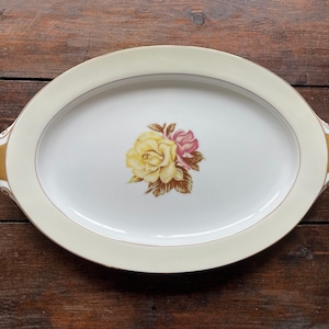 Vintage Narumi China Yellow Rose platter, 17.5” large oval platter, yellow floral platter w gold trim, mid-century shabby chic platter