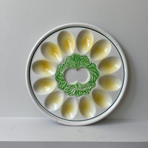 Vintage Ucagco deviled egg plate, ceramic deviled egg tray, yello and green deviled egg platter, 12 egg plate, summer entertaining, picnic