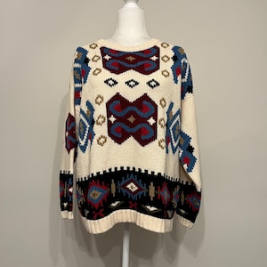 80s 90s Southwestern Sweater, TOGETHER! bohemian sweater, Southwestern Aztec sweater, Ranch sweater, vintage cream patterned sweater, M/L