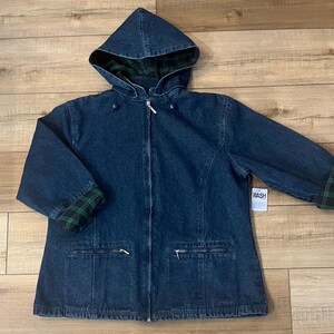 Vintage denim chore coat, 90s NOS North Style denim barn jacket with plaid flannel lining, detachable hood chore coat, size L image 19