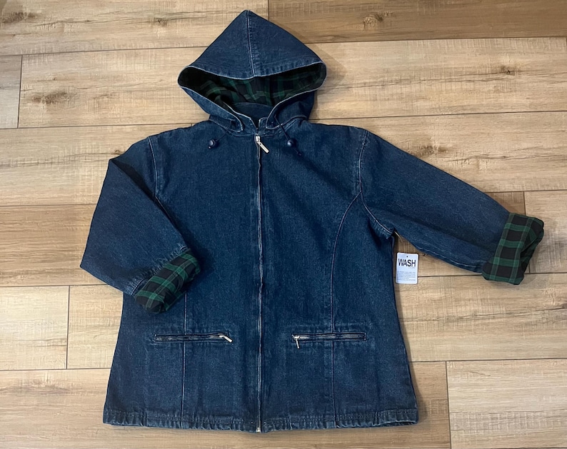 Vintage denim chore coat, 90s NOS North Style denim barn jacket with plaid flannel lining, detachable hood chore coat, size L image 19