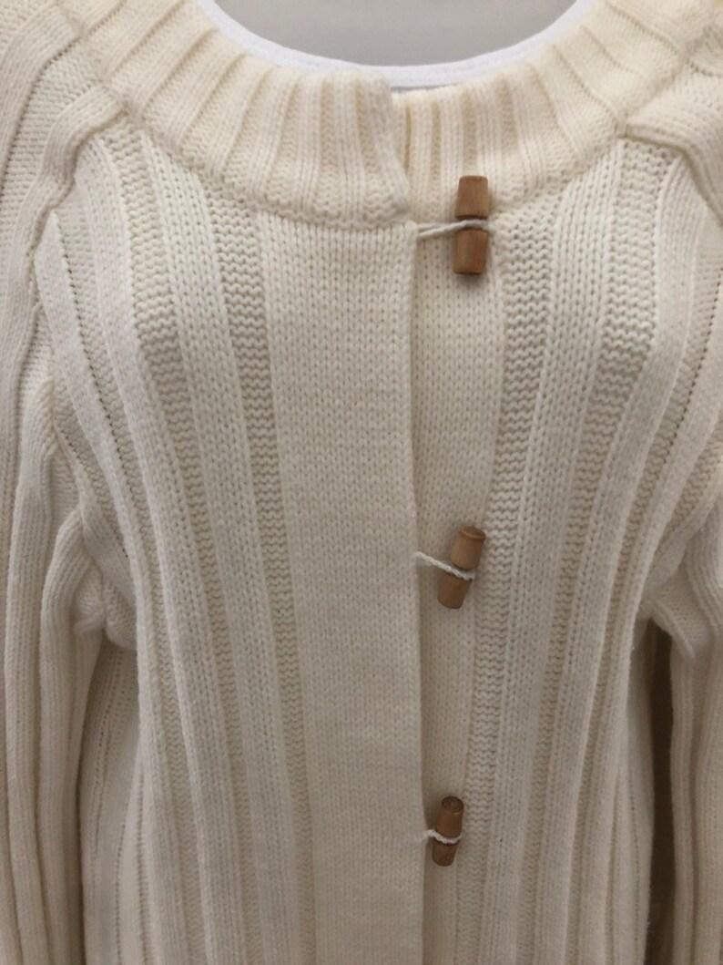 70s 80s Tristar cream toggle cardigan, long acrylic cable cardigan, ivory cardigan, bohemian sweater, chunky cardigan, ribbed cardigan, M image 2