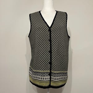 80s 90s Chaus sweater vest, black lime green beige patterned vest, preppy sweater vest, ladies vintage sweater vest, button down vest, M