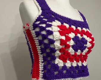 70s granny square vest, hand-crocheted granny square vest, cropped crochet vest, hippie vest, boho vest, red purple white, groovy vest, XS/S