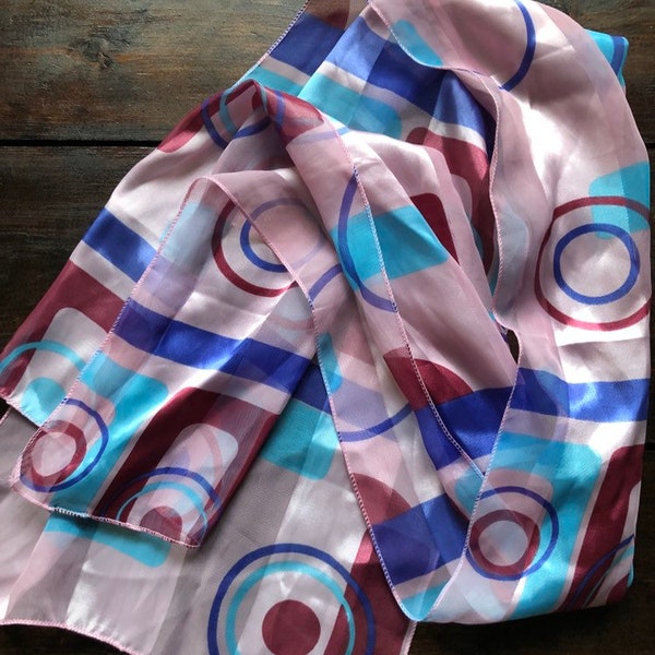 Vintage pink mod scarf, pink, wine & blue geometric scarf, long poly sash, made in Korea, boho scarf, hippie head wrap, 80s 90s scarf