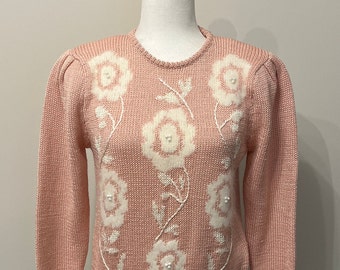 80s 90s Petite Sophisticate sweater, pink floral wool blend sweater, embellished sweater, puffy shoulder feminine sweater, petite sweater, P