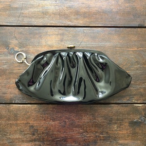 Vintage St Thomas black patent clutch, black vinyl clutch w attached key ring, small black bag, mid-century clutch