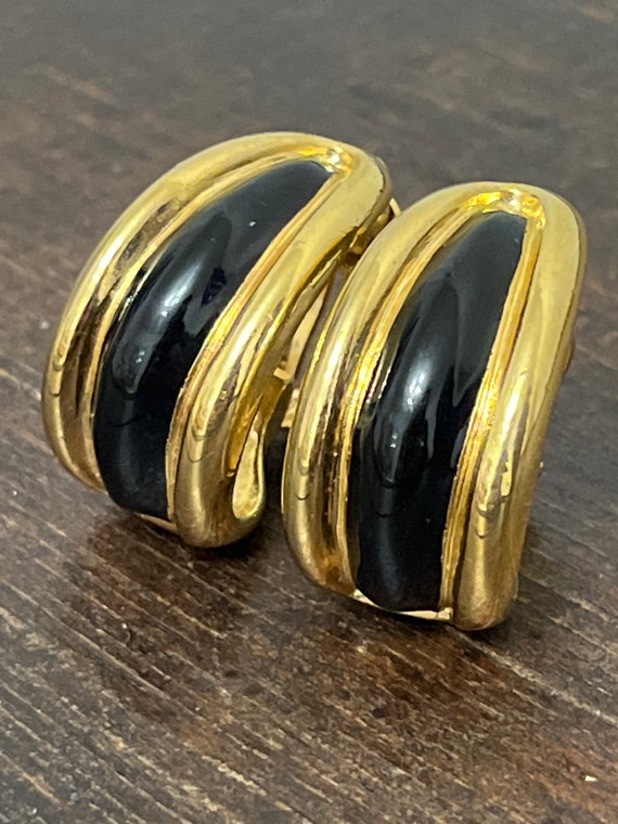 Vintage St. John clip-on earrings, black enamel a… - image 9